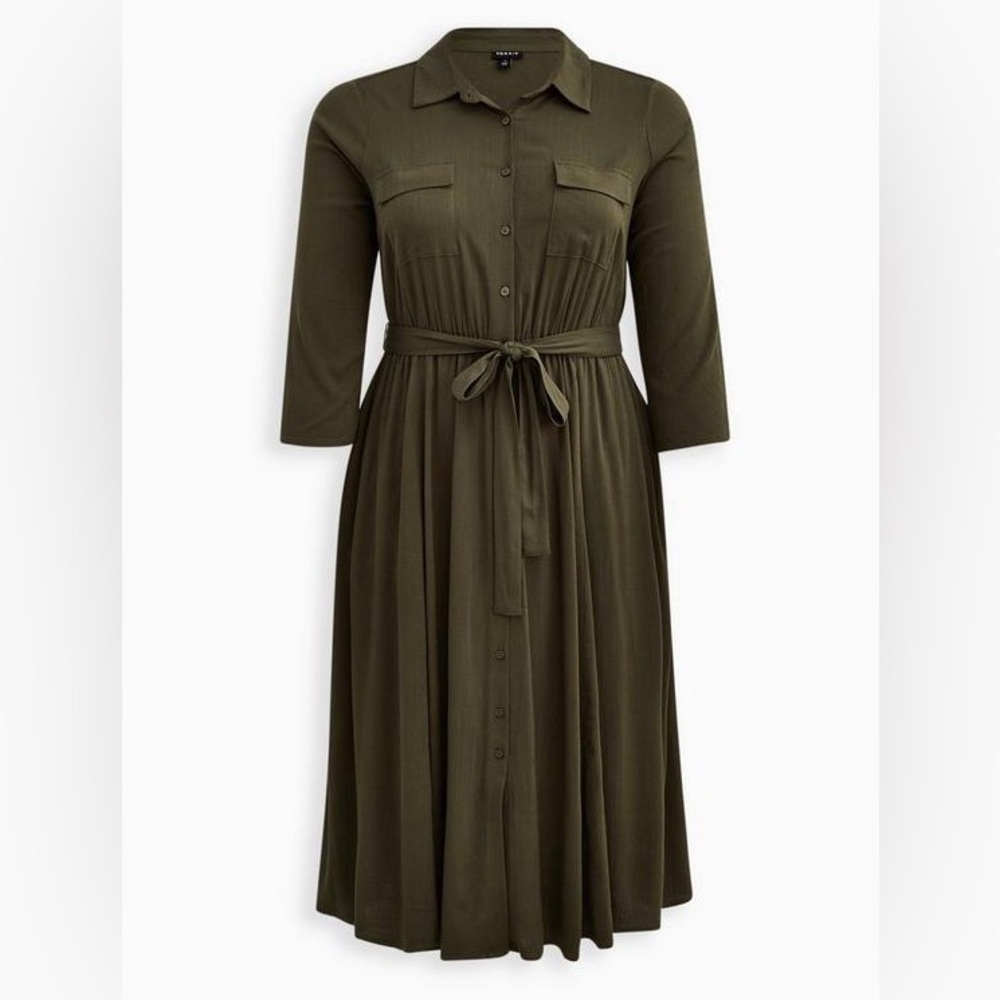 Torrid Midi Rayon Slub Belted Olive Shirtdress